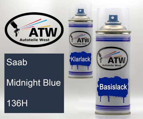 Saab, Midnight Blue, 136H: 400ml Sprühdose + 400ml Klarlack - Set, von ATW Autoteile West.